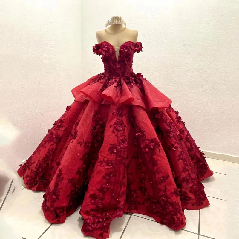 

Red Shiny Quinceanera Dresses Ball Gown For Sweet Girls Beaded Sequins 3D Flowers Birthday Party Princess Prom Dress Robes De