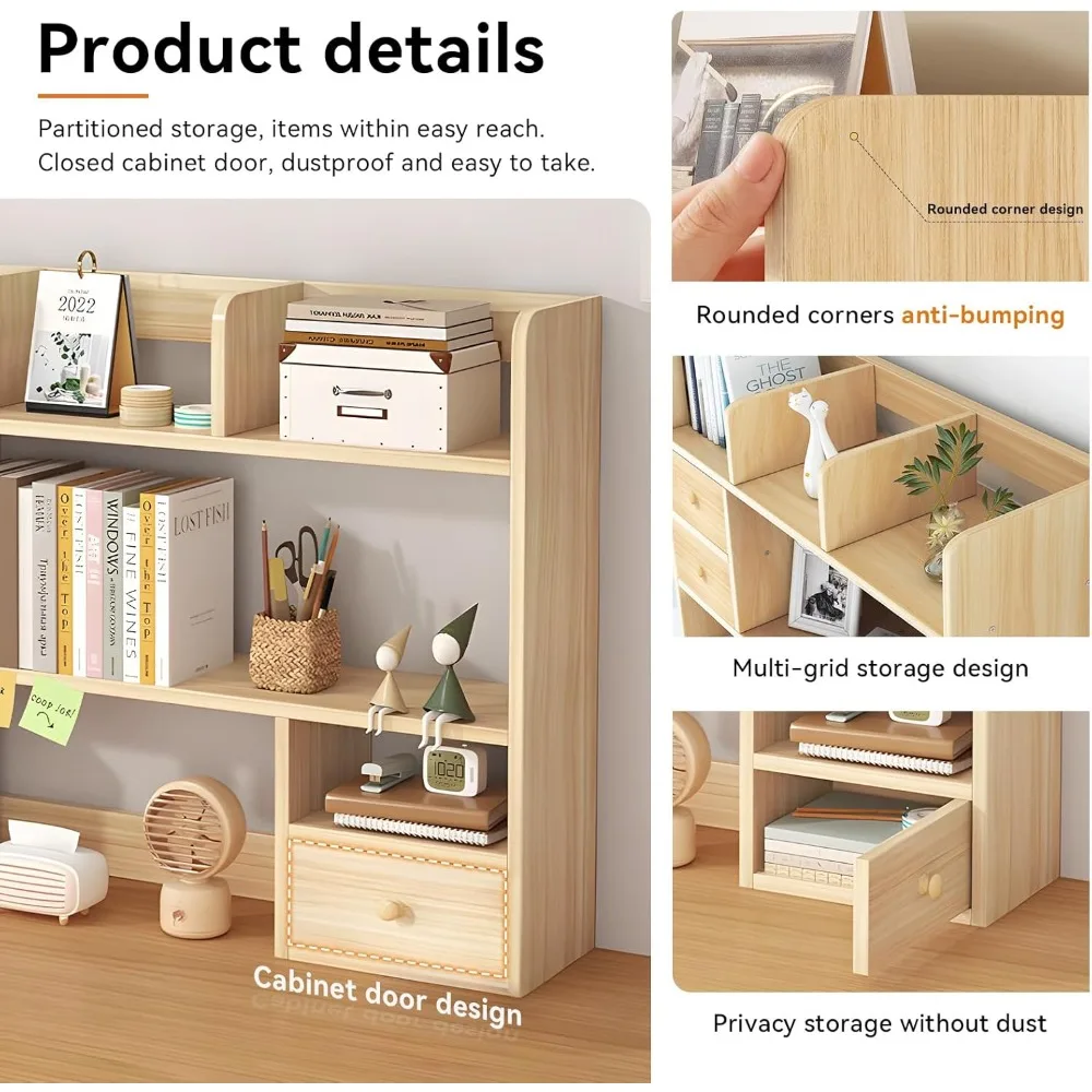 حقيبة مكتب، منظم رف سطح المكتب الخشبي مع حجرة ودرج لغرفة النوم الجامعية، رف كتب علوي للمكتب للتخزين #5