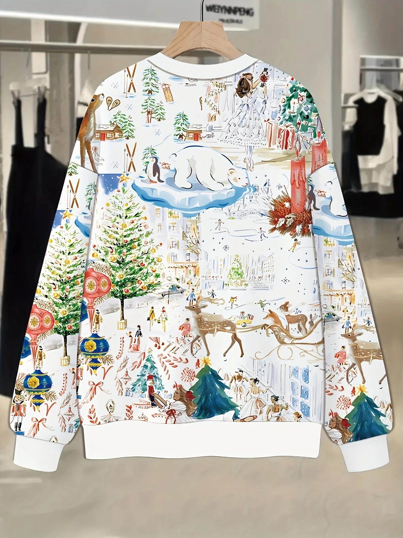 Women Round Neck Long Sleeve T‑Shirt Christmas Winter Town Scene Full Print Festive Holiday Casual Party Top Women's Clothes