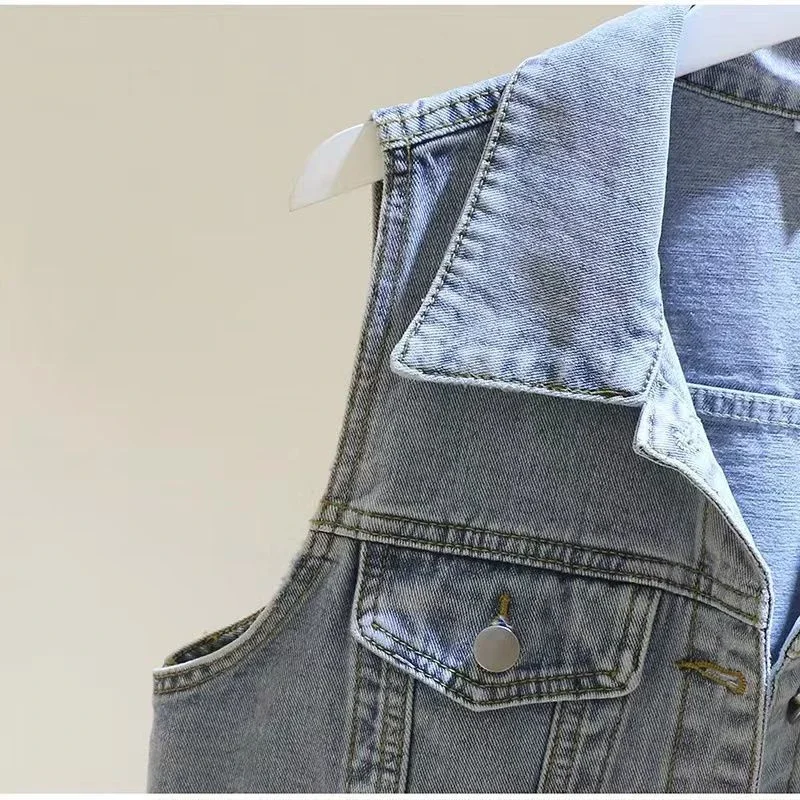 Veste courte en denim émaillé pour femme, gilet de cow-boy simple, manteau de fibre à grandes poches, haut femme, printemps, été, nouveau, 2024