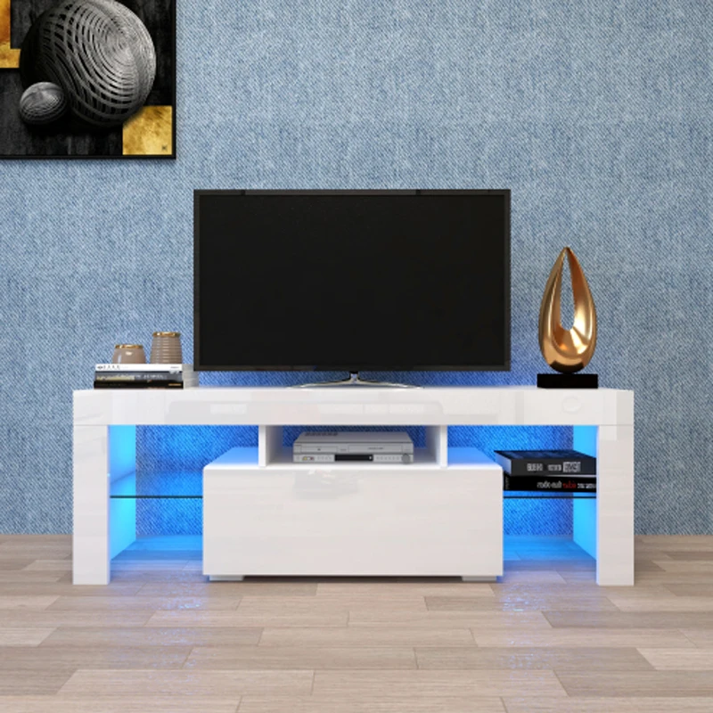 Entertainment TV Stand, Large TV Stand TV Base Stand with LED Light TV Cabinet. White