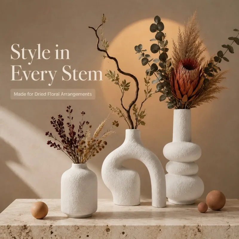 3 Pcs Abstract Shaped Textured Vase Set Matte PLA Material Modern Wabi‑Sabi Art Style for Tabletop Living‑Room Dried‑Flower Home