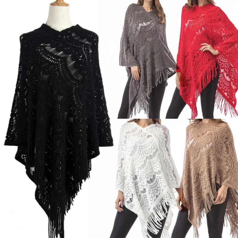 Women Hollow Out Crochet Sweater Cape Pullover Knit Shawl Scarf Tassel Poncho