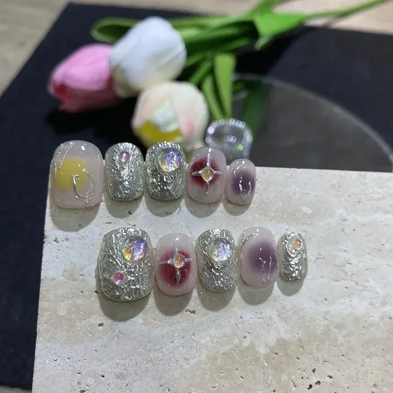 10PCS Handmade Wearable square head artificial Nails with y2k designs Raspberry blue smudged press on nails short false nails