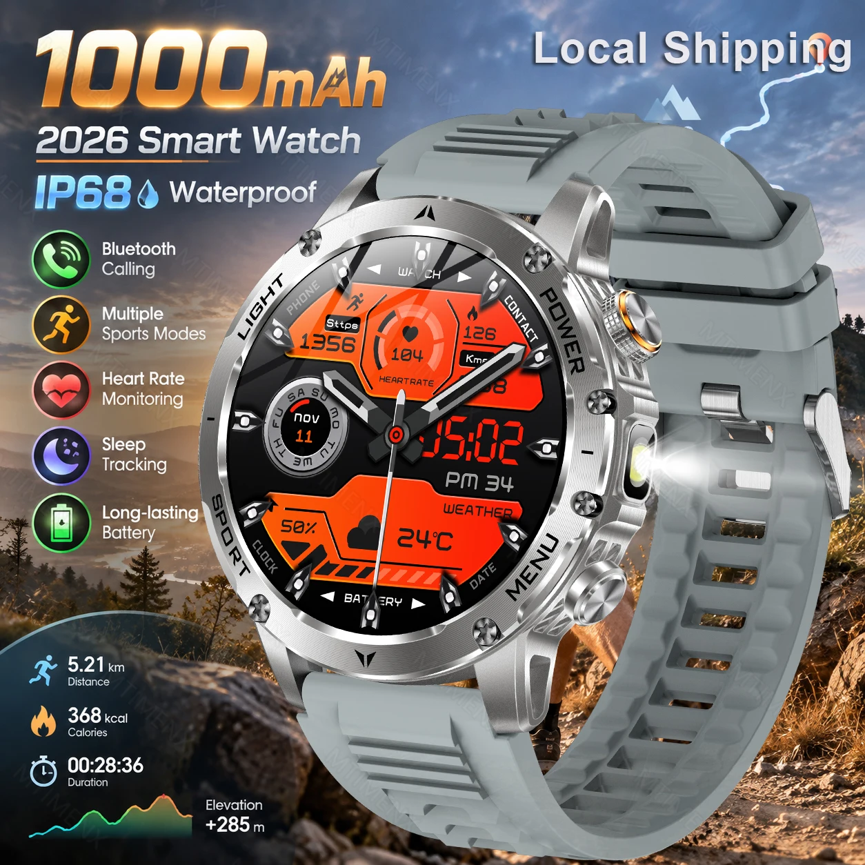 2026 Nuovo Smartwatch da Uomo con Chiamate Bluetooth, ECG, PPG, Orologio Sportivo da Esterno, Impermeabile IP68, Torcia, Tracker Fitness, Display da 1,7 Pollici, Batteria Grande da 1000mAh, Android