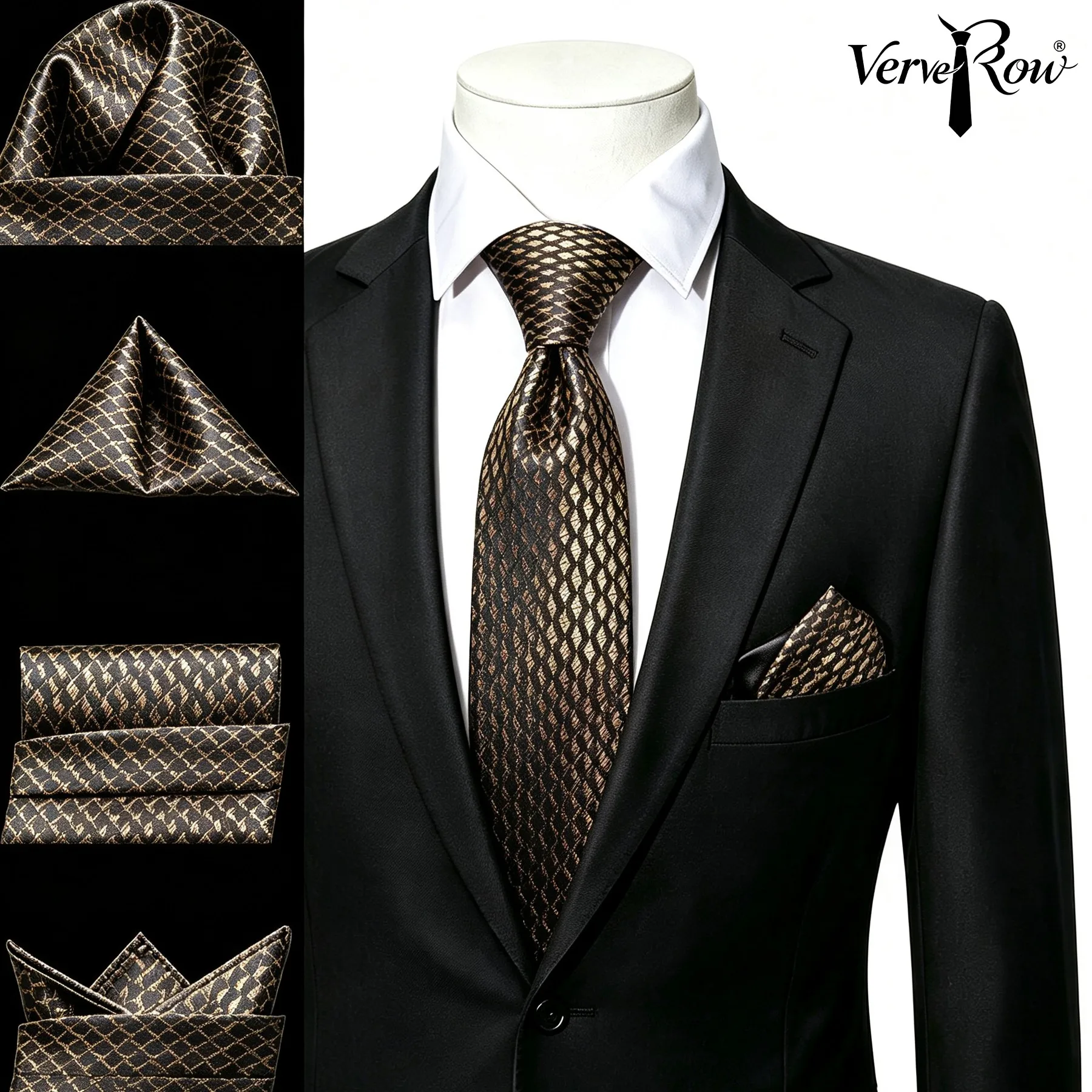 VERVEROW Woven Wave Texture Necktie Matching Pocket Square Set Men Formal Dress Tie Handkerchief Accessory for Office