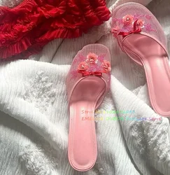 Women's Mesh Sequin Slide Beaded Chinese Slippers Floral Embellished Shoes Round Toe Stiletto Heel Pink Black Dress Shoes