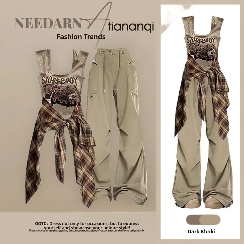 

Summer Lazy Style Shirt Top Brown High Waist Workwear Pants Three Piece Set Casual Fashionable Women's Clothing Ensemble