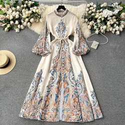 Beach Style Print Maxi Dress Women Spring Summer O Neck Long Sleeve Dress With Belt Elegant Party Vestidos