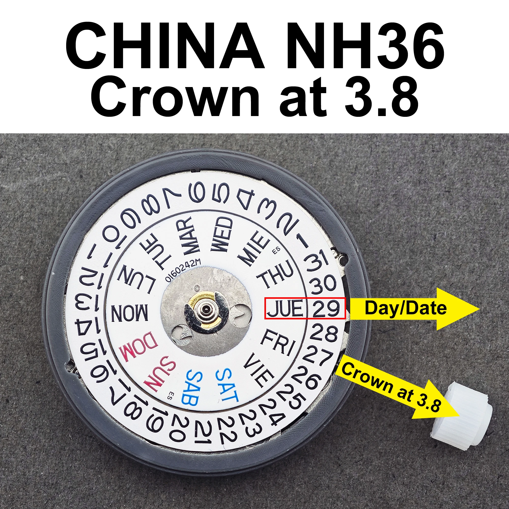 China NH36A Crown 3/3.8/4.2 NH36 Automatic Movement Replacement Parts with Date and Week Calendar