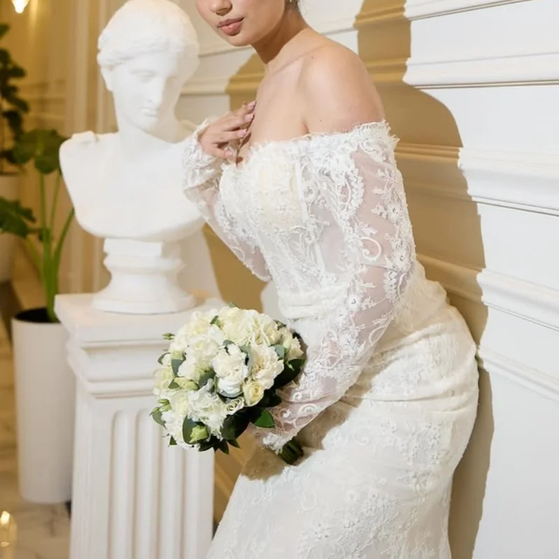 

ivory flower Appliques Lace layering Wedding Dresses of fishtail long sleeves Bridal Gowns Made Customized