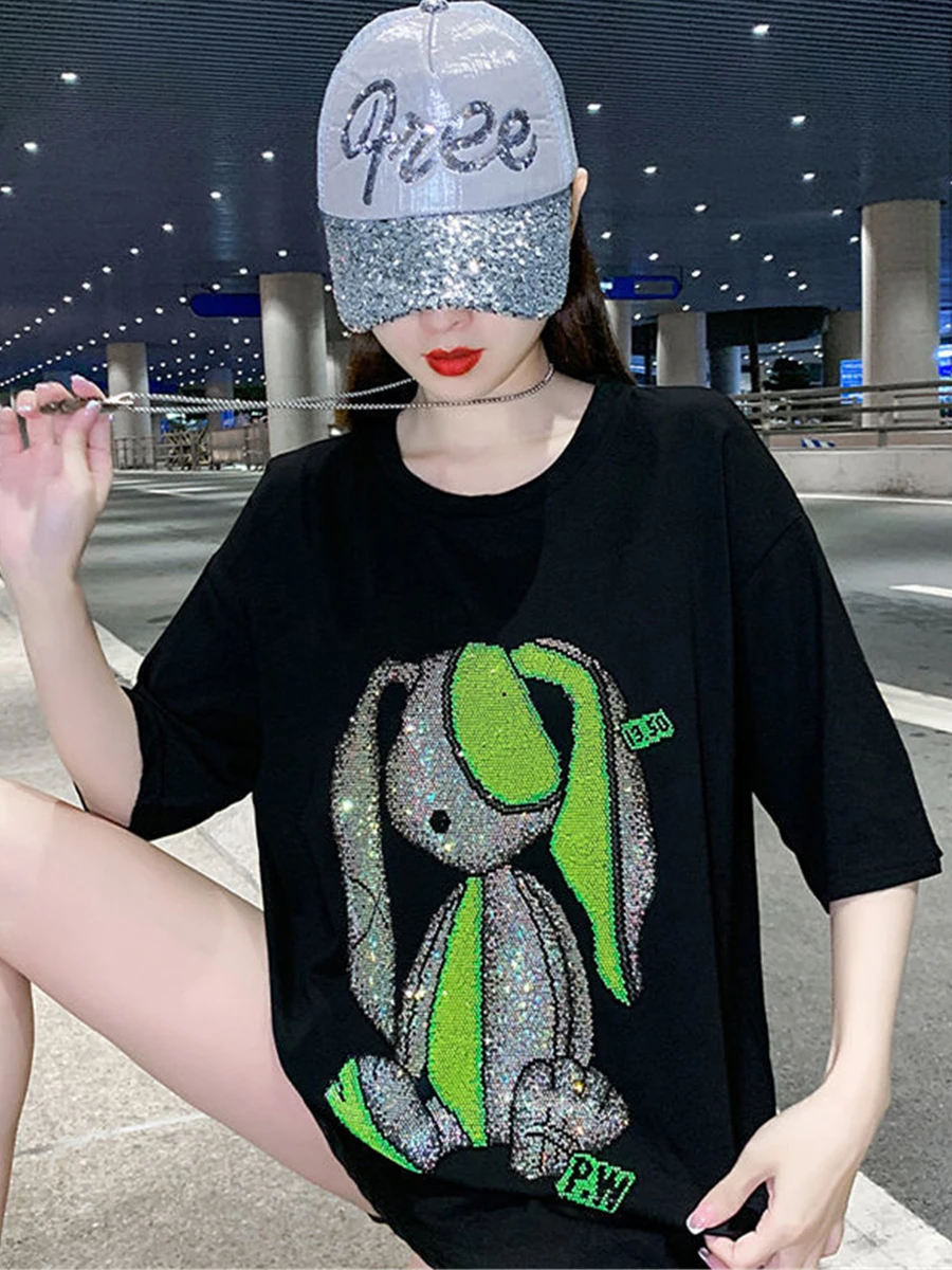 Cool Black Tshirt Streetwear Summer Diamonds Rabbit T Shirt Women Harajuku Short Sleeves Tops Tee Funny Hip Hop Oversized Tshirt