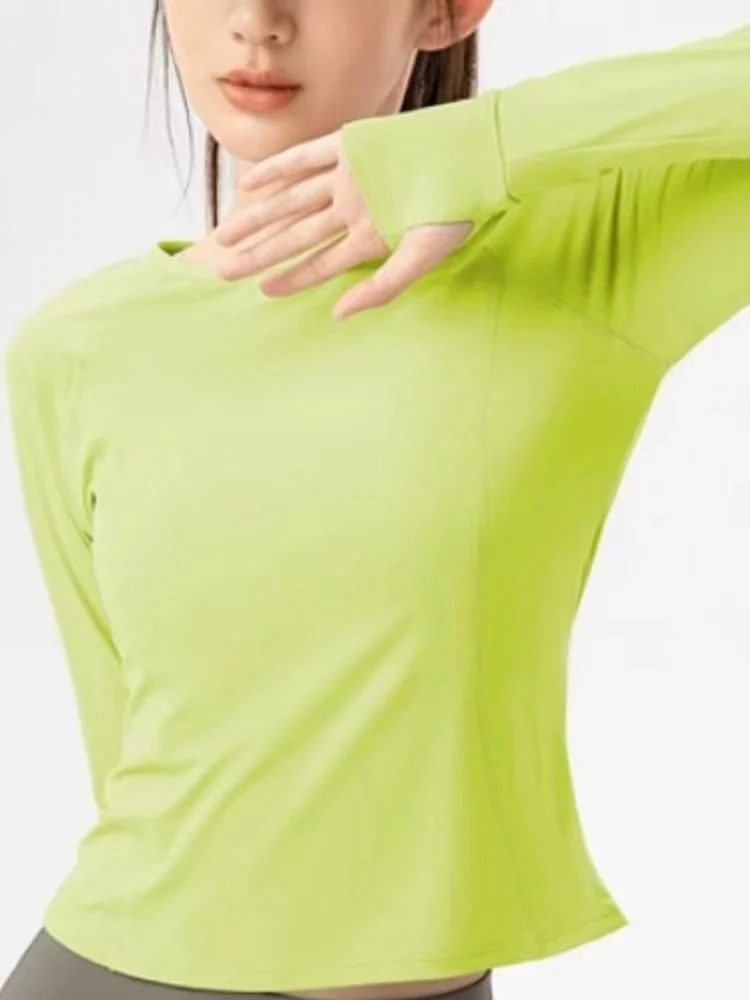 Women's Yoga Fitn Sports Long Sve Top Running No Chest Pad Pure Color Pilates Training irt Moisture ng Nylon Fabric