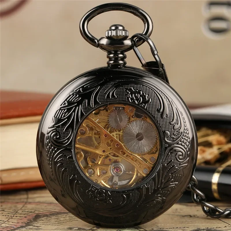 Luxury Hollow Case Retro Roman Number Steampunk Manual Skeleton Mechanical Hand-Winding Pocket Watch for Men Women Pendant Chain