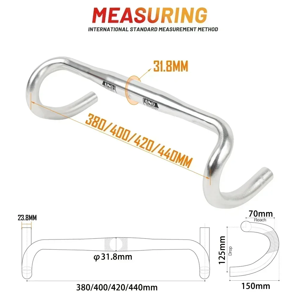 UNO kierownica do roweru szosowego wyścigowego ze stopu aluminium wygięta kierownica rowerowa 25.4/31.8mm 360/380/400/420/440MM akcesoria rowerowe — zdjęcie 5