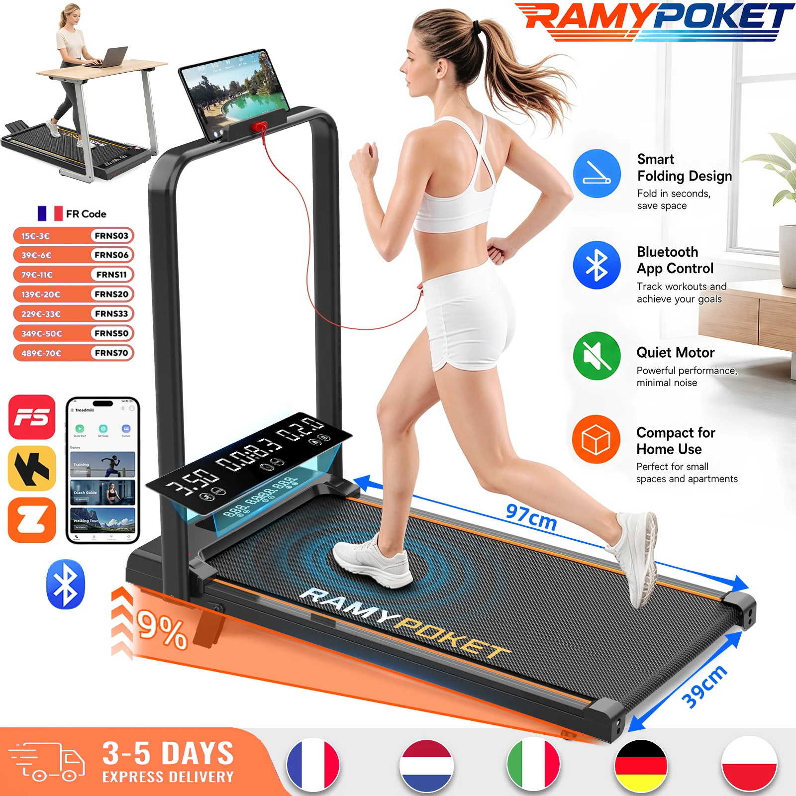 RAMYPOKET Tapis De Marche pliable Inclinable 9%,Treadmill 12km/h,App/LED,Tapis De Marche Bureau 150kg max charge