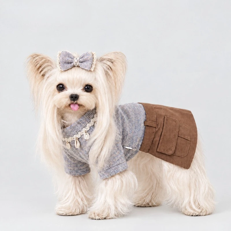 Pet Knit Tank Dress Cargo Style Decorative Shell Collar Soft Warm Autumn Outfit Elegant Cute Dress Clothes for Small Dogs Cats
