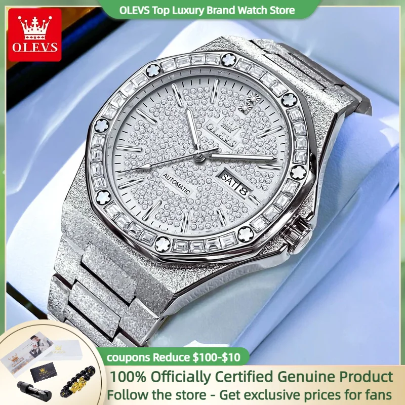 OLEVS Full Diamond Watch for Man Luxury Brand Fully Automatic Male Wristwatches Business Hand Clock Calendar Week Waterproof