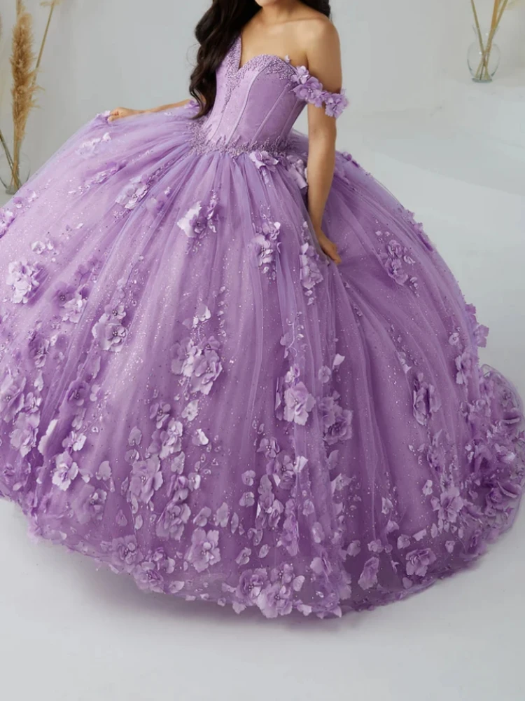 Gaun pesta kustom gaun acara pesta dansa wanita manik-manik Sweetheart 3D Floral Puffy Vestido De xv Anos manis 15 16 Quinceanera gaun acara Prom