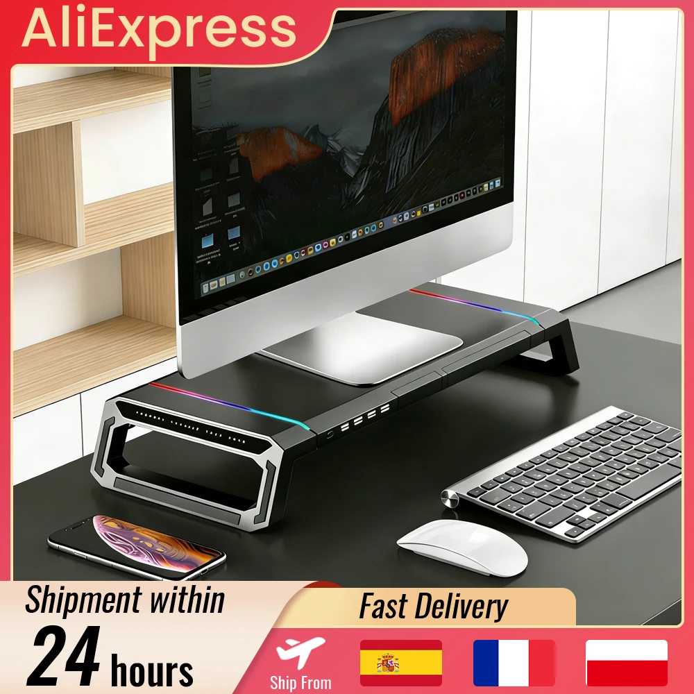 Support d'écran d'ordinateur avec hub USB 3.0, organiseur de bureau, rehausseur d'écran PC avec lumière RGB, rangement pour souris et clavier en ABS