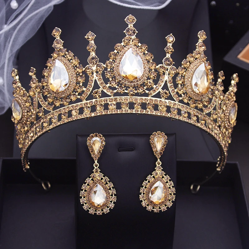 Baroque Headdress Royal Queen Bridal Crown Sets Purple Champagne Tiaras Earrings Pageant Wedding Jewelry Sets Accessories