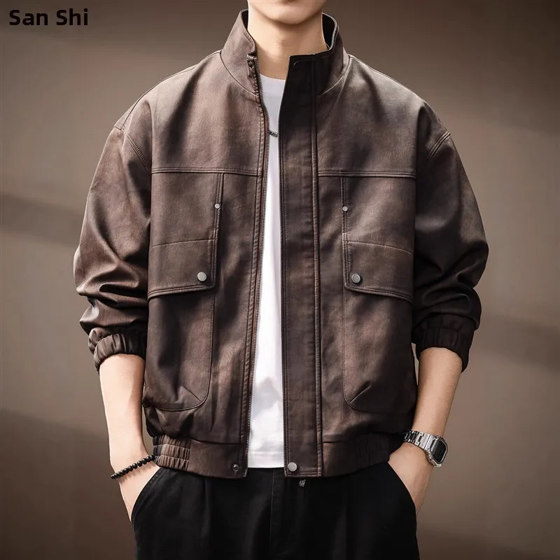 

High-End American Retro PU Leather Jaet Men's Loose Casual Outerwear Motorcycle Clothes Fall New Sle Haome