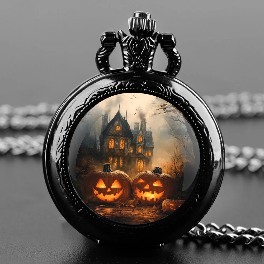 Halloween Design Glass Dome Pocket Watch Quartz Accuracy Durable Chain Sharp Arabic Numerals Festive Creative Gift For Kids
