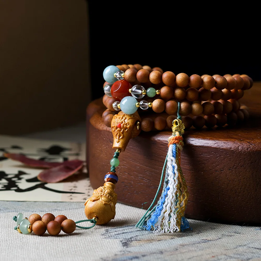 Original Laoshan Sandalwood Multi Circle Bracelet Cultural Play Sandalwood Gourd Chinese Hand String Sweater Chain Open Light
