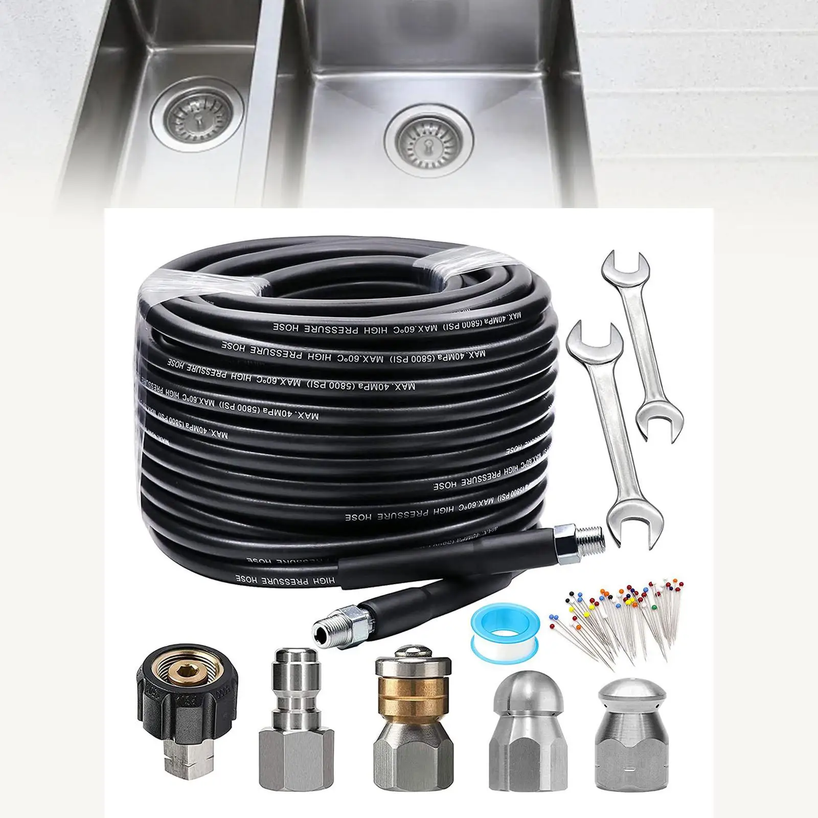 30M Sewer Jetter Kit for Pressure Washer Jetting Hose 5800PSI with Wrenches 1/4 inch NPT for Roofs Floor Sinks Indoor Outdoor