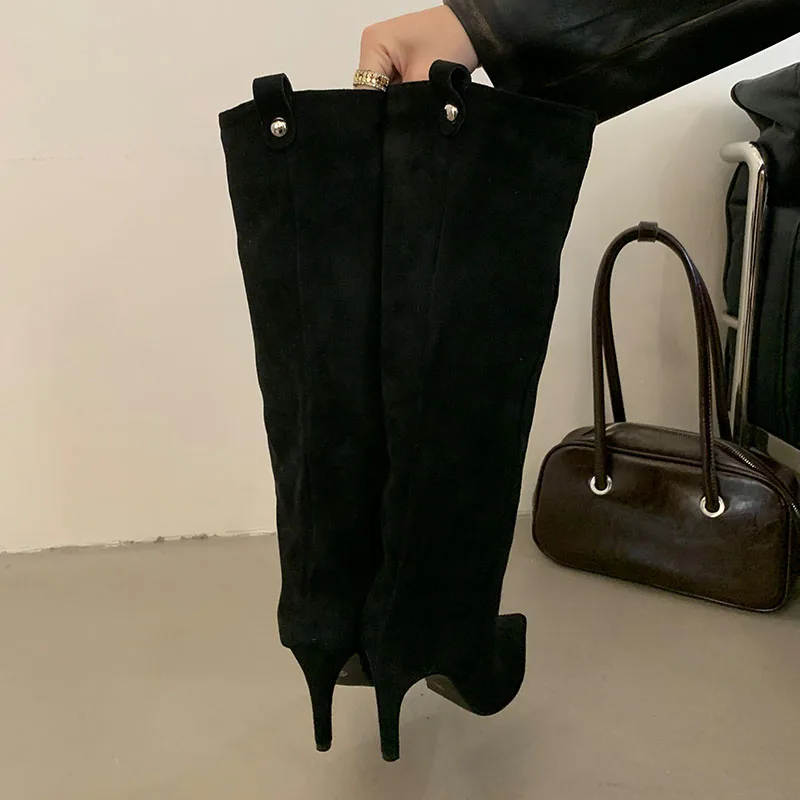 

Модная обувь на тонком каблуке, вечерние женские современные сапоги до колена, женские длинные сапоги с острым носком, туфли-лодочки без шнуровки, новые
