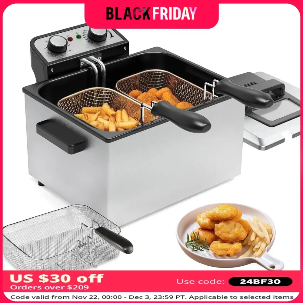 Commercial Deep Fryer with 3 Frying Baskets for Home Use, Adjustable Temperature & View Window Lid, Electric Deep Fryer