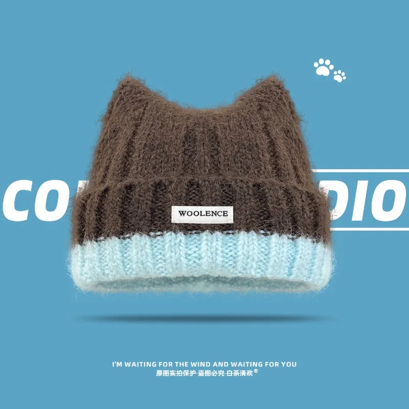 Niedliche und süße Katzenohren-Strickmütze mit Farbblockierung für Damen, Herbst und Winter, warme und vielseitige Ski-Skull-Beanie-Mütze. – Detail 2