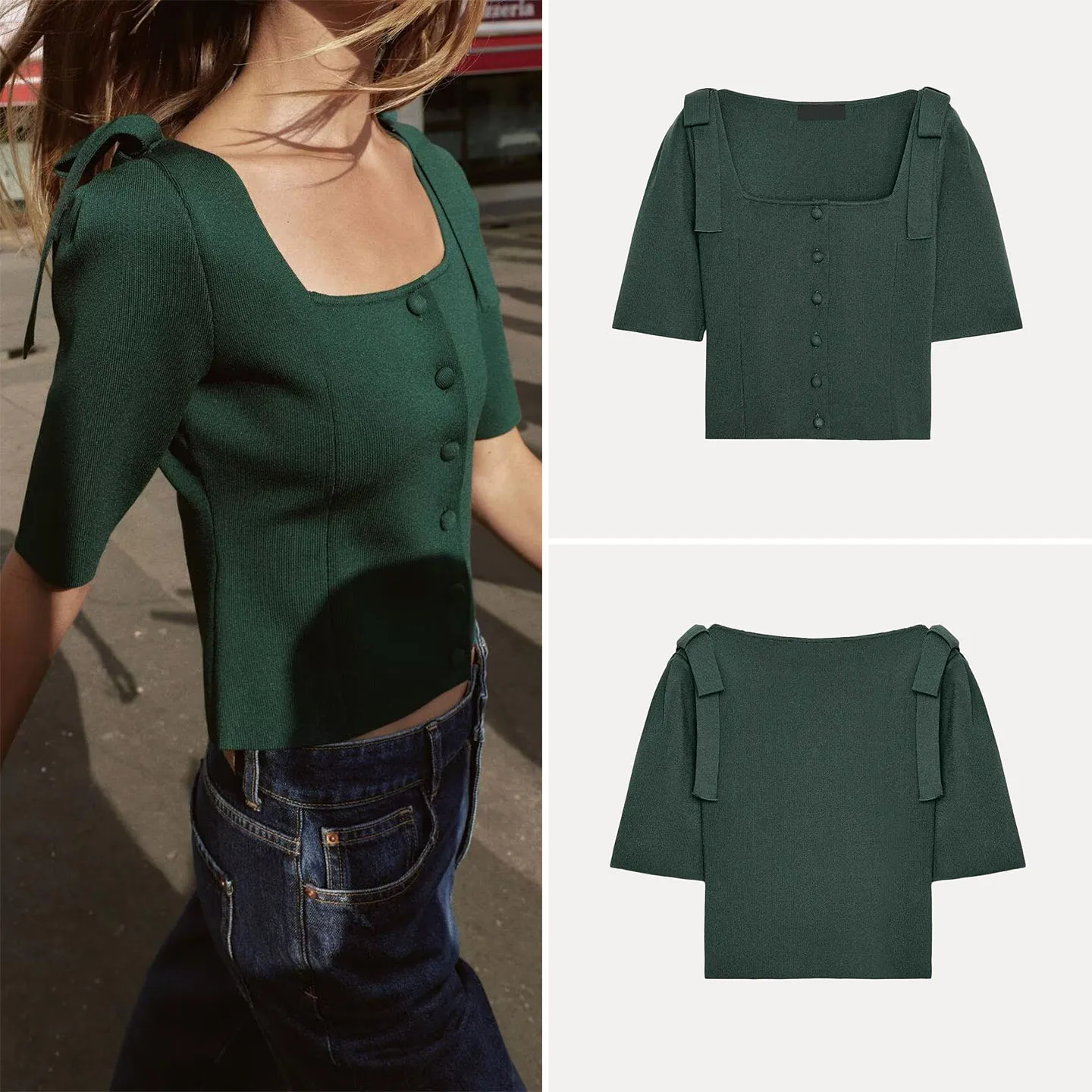 

Ele Knitted Jaet with oulder Bow Design for Women Winter 2025 Faionable ort Sve Top with Button Closure