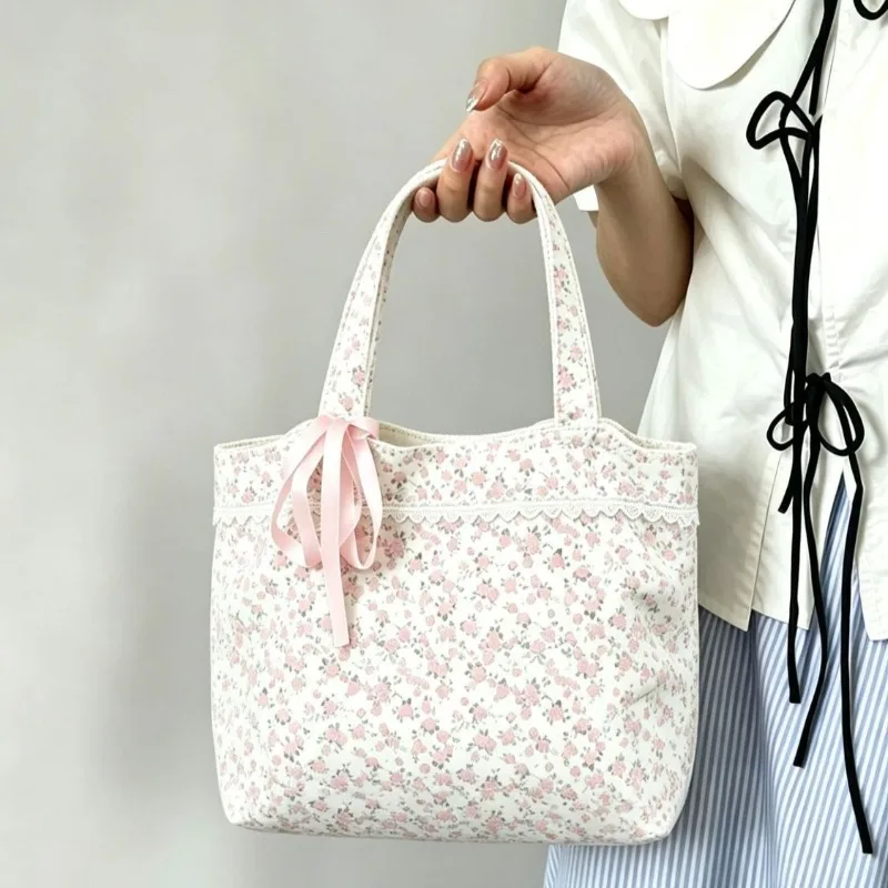 Gentle Wind Floral Tote Bag Women's New Canvas Handbag Student Temperament Commuting Large-capacity Shoulder Bag Age Reduction