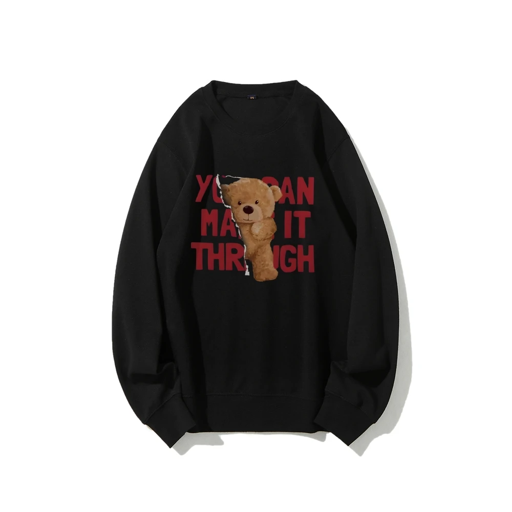 Graphic Hoodies Retro Vintage Sweatshirt Red Letters Plush Bear Y2K Casual Daily Wear Unisex Versatile Stylish Pullover Tops
