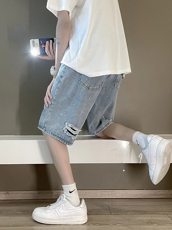 Men's Summer Thin Denim Shorts Five-Point Trendy Brand INS Hong Kong Style Korean Version Fashionable Mid-Waist Jeans
