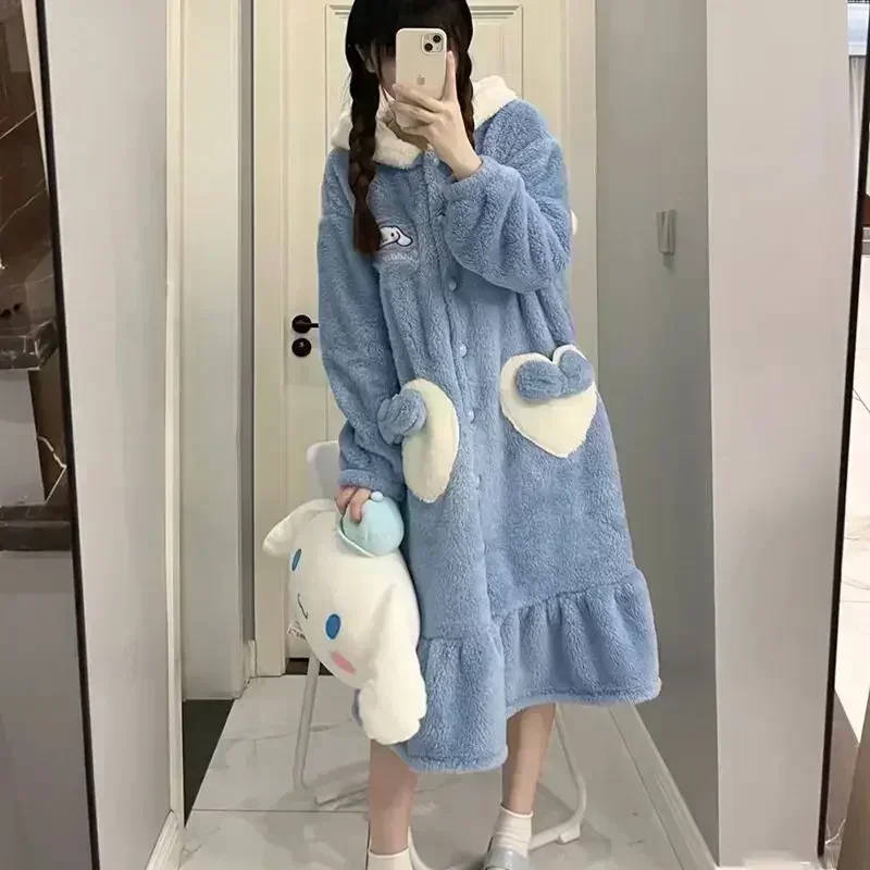 Sanrio Anime Kuromi Winter Pajamas Kawaii HelloKitty My Melody Flannel Pullover Coral Velvet Thick Loose Pajamas Girl Gifts