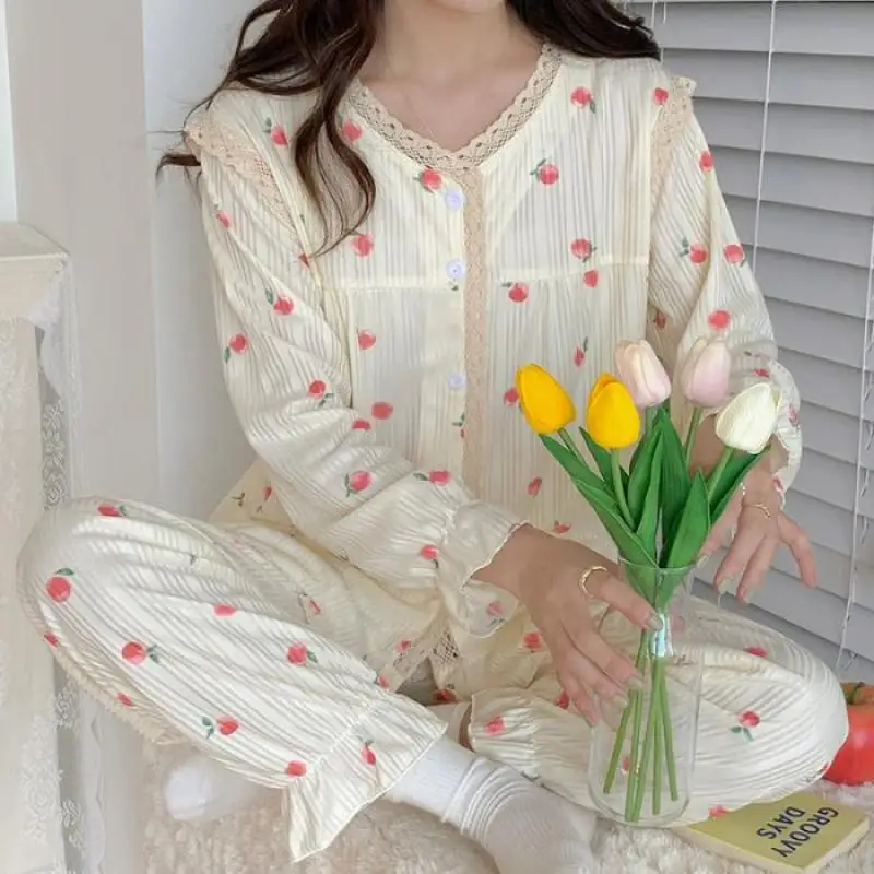 Floral Women Pajamas Sets Korean Sleepwear 2 Piece Female Pyjama Lady Loungewear Long Sleeve Top Pants Pijama Cute Nightwear Pjs