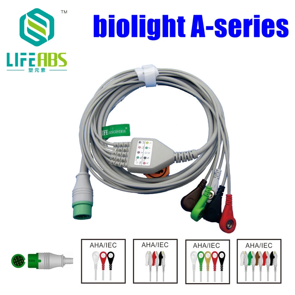 

One-Piece Ecg Cable Ekg Cable Iec 3leads 5leads Snap Clip for Biolight A-Series Mornitor Machine