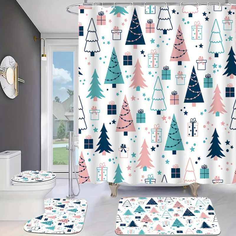 Festive Winter Forest Bathroom Set: Includes 1/4 PCS of Decorative Shower Curtain, Non-Slip Bath Mat, Toilet Seat Cover, Bath Ru