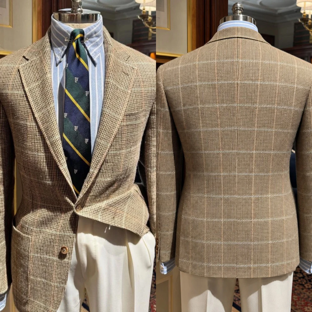 Classic Khaki Plaid Tweed Blazer with Notch Lapel and Patch Pockets Men Autumn Vintage Suit Jacket Customized M266805