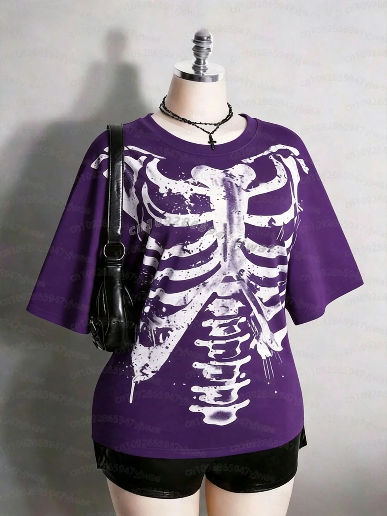 2026 Damen Halloween Skelett Brustkorbe Grafik T-Shirt Y2k Alt Goth Punk Distressed Totenkopf Knochen Print Kurzarm Damen T-Shirt – Detail 7