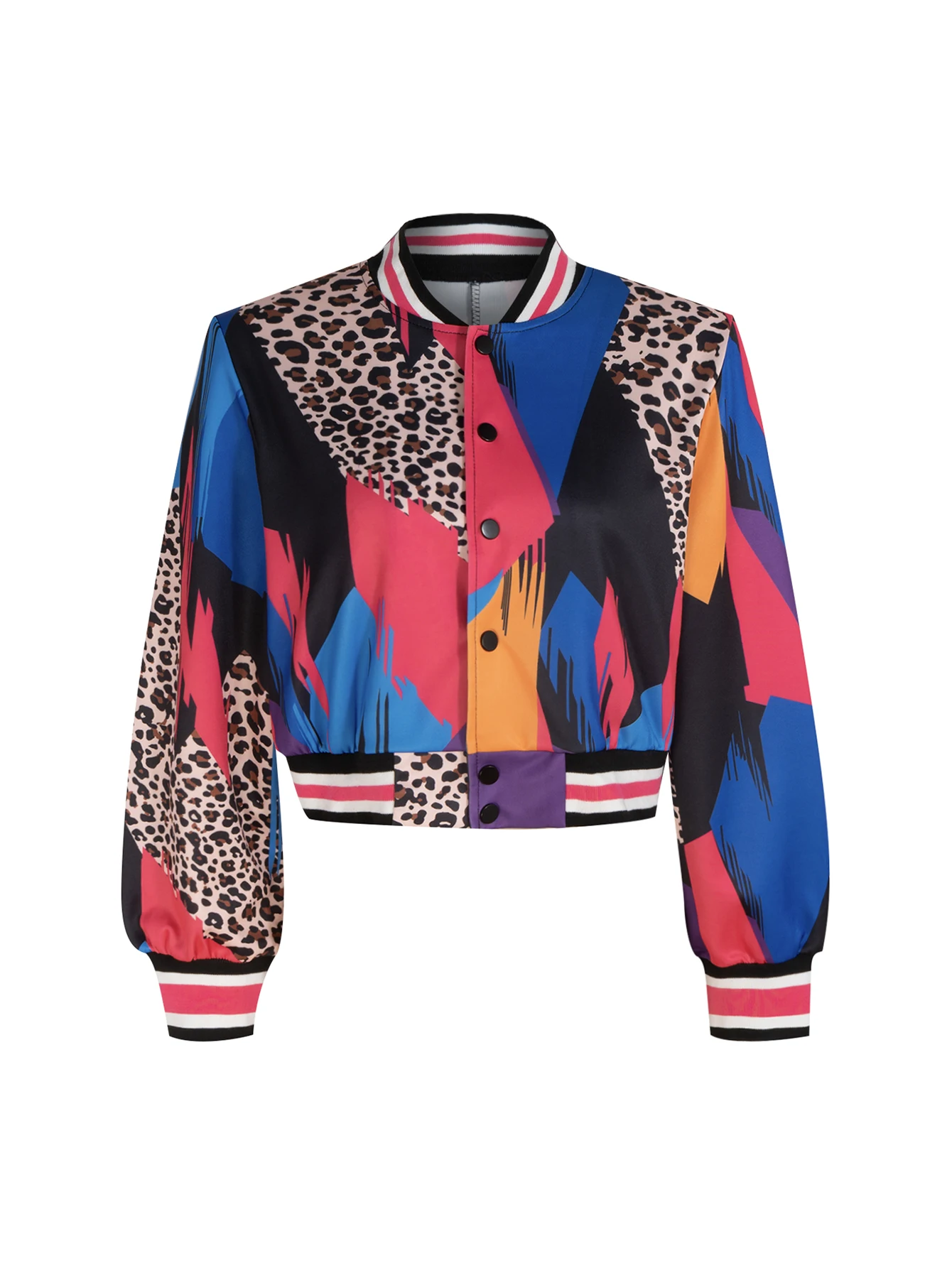 Damen-Bomberjacke im Varsity-Stil mit Leopardenmuster, für Schul- und Streetwear, Herbst, kurz geschnitten, lange Ärmel, mit Knöpfen, Stehkragen, kurzer Mantel – Detail 4