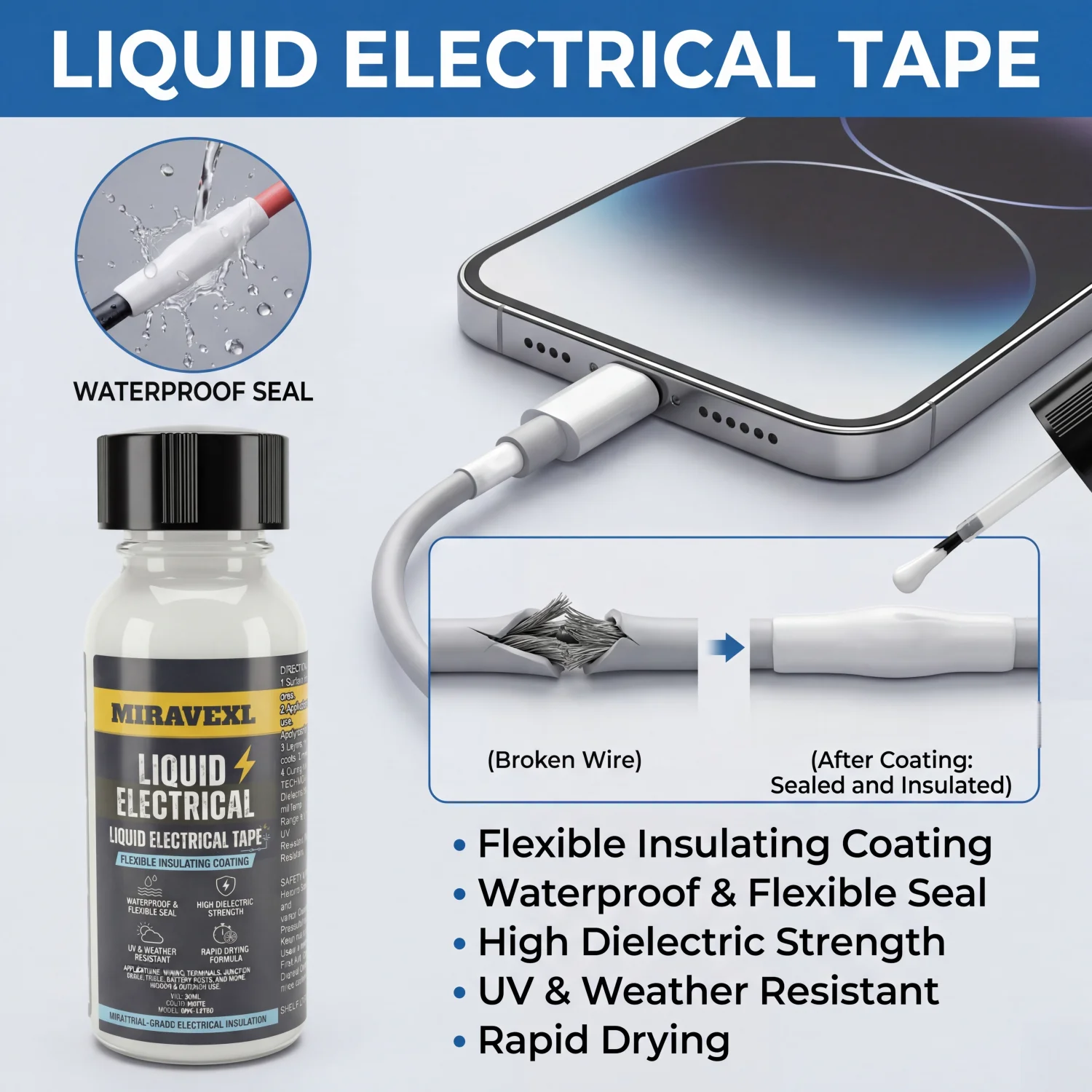 Cinta Eléctrica Líquida Blanca de Secado Rápido, Sellador Impermeable, Pegamento Aislante para Reparación de Cables USB, Cargadores y Otros Cables