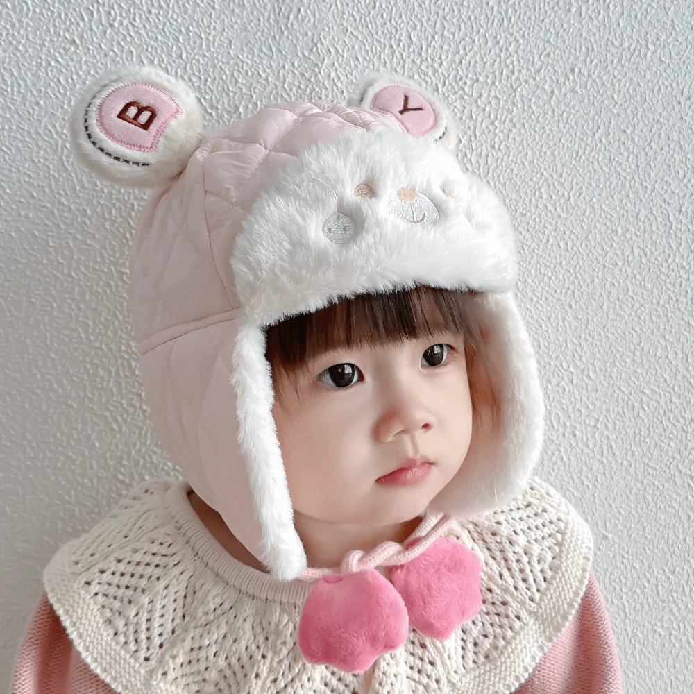 

Warm Windproof Cartoon Bear Baby Hat Adjustable Earmuffs Toddler Cap Ear Protection Thicken Trendy Baby Beanie Cap Outdoor