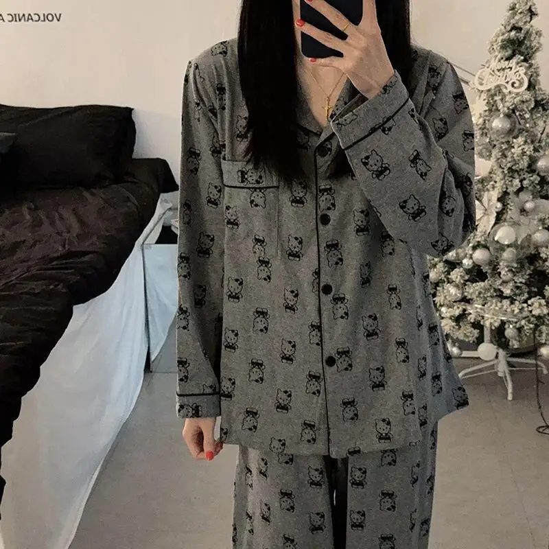 Hallo Kitty frauen Frühling Herbst Neue Nette Gedruckt Nachtwäsche Weibliche Student Casual Langarm Set Hause Kleidung Sanrio Aloe Yoga