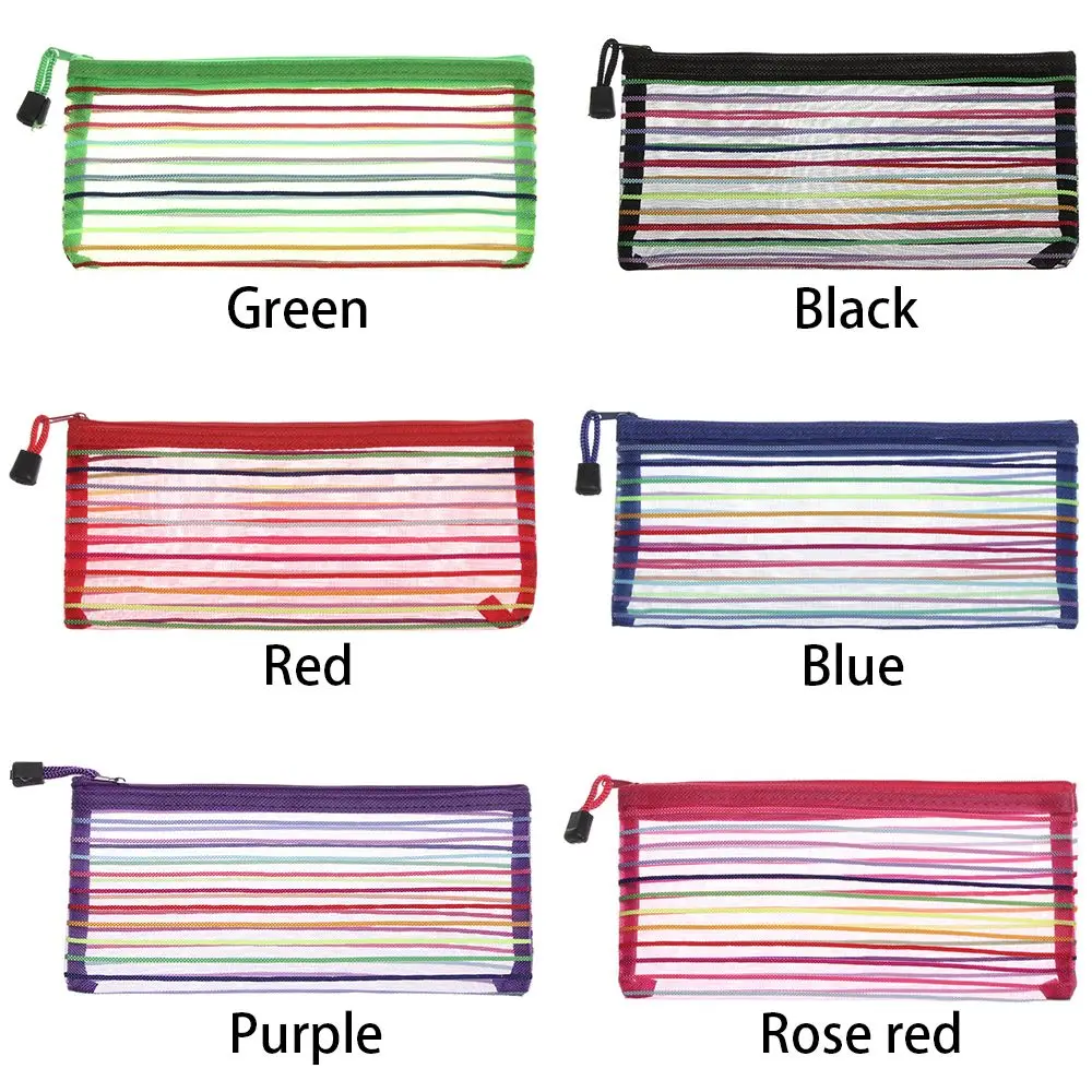 1pc Solid Color Handbags Rainbow Color Stationery Cosmetic Makeup Mesh Pen Bag Cosmetic Storage Zipper Pencil Case Grid