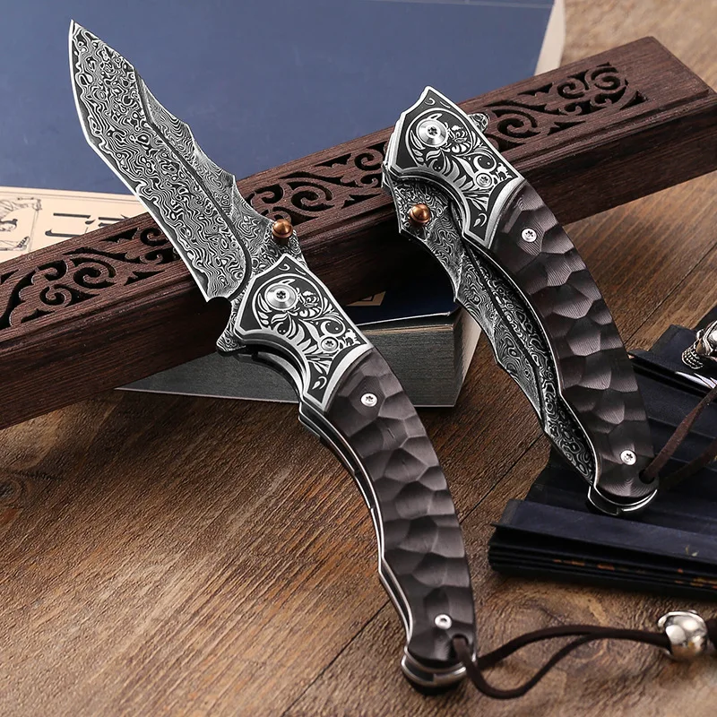 

New Outdoor Knife Creative Damascus Steel Self Defense Folding Knife Outdoor Portable Sharp Hunting and Fishing Tools