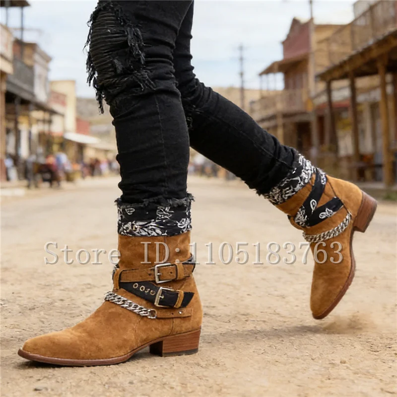 Fashion Men's Suede Chelsea Boots Pointed Toe Block Heel Western Booties Metal Chain Buckle Straps Punk Casual Shoes
