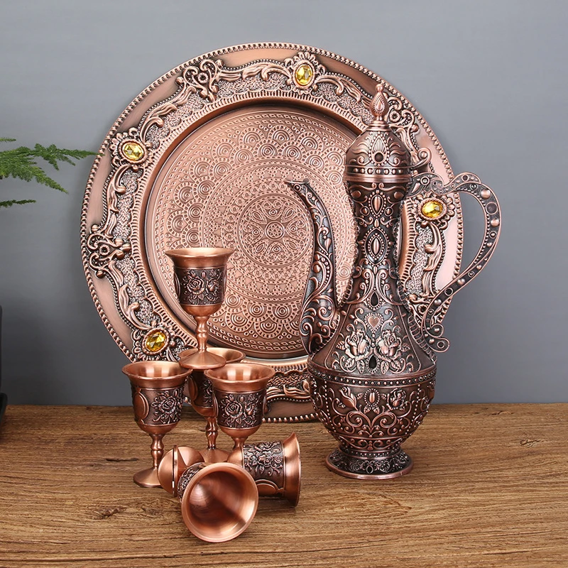 

Luxury Imitation Ancient Wine Set European Copper Bronze Plated Wine Set Metal Tea Set Decoration 1 set= 1 plate+ 1 pot +6 cup